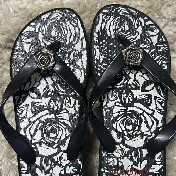 Brighton Malibu Black/White Rose Print Wedge Sandals Women’s Sz 7 - Picture 7 of 11